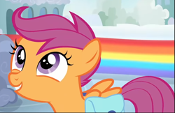 Size: 1014x658 | Tagged: safe, screencap, scootaloo, pegasus, pony, g4, parental glideance, bag, cropped, cute, cutealoo, female, filly, foal, gritted teeth, looking up, saddle bag, smiling, solo, teeth