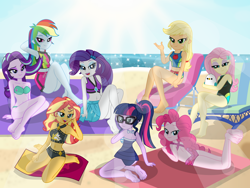 Size: 4000x3000 | Tagged: safe, artist:emeraldblast63, applejack, fluttershy, pinkie pie, rainbow dash, rarity, sci-twi, starlight glimmer, sunset shimmer, twilight sparkle, bird, seagull, equestria girls, equestria girls series, forgotten friendship, g5, mirror magic, my little pony: tell your tale, spoiler:eqg specials, applejack's beach shorts swimsuit, arm behind head, ass, bare shoulders, barefoot, beach, beach chair, beach shorts swimsuit, beach towel, belly button, bikini, breasts, butt, chair, cleavage, clothes, feet, fluttershy's one-piece swimsuit, humane five, humane seven, humane six, lying down, midriff, prone, rainbow dash's beach shorts swimsuit, sarong, sci-twibutt, sexy, sleeveless, soles, sunset shimmer's beach shorts swimsuit, swimsuit, the pose