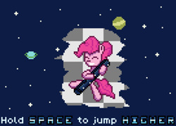 Size: 952x686 | Tagged: safe, artist:nitobit, pinkie pie, earth pony, pony, g4, female, mare, pixel art, planet, pun, solo, space, stars, text