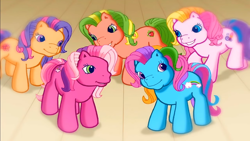 Size: 1280x720 | Tagged: safe, screencap, applejack (g3), cheerilee (g3), rainbow dash (g3), scootaloo (g3), toola-roola, earth pony, pony, g3, meet the ponies, starsong's dance & sing party, cute, female, flashback, g3 cheeribetes, g3 cutealoo, g3 dashabetes, g3 jackabetes, grin, group, mare, open mouth, open smile, quintet, roolabetes, smiling, stage