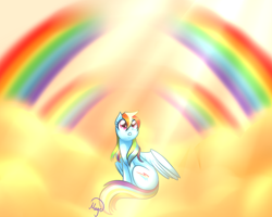 Size: 1024x819 | Tagged: safe, artist:lethalauroramage, rainbow dash, pegasus, pony, g4, cloud, double rainbow, female, looking up, mare, on a cloud, rainbow, sitting, solo