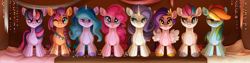 Size: 4500x1133 | Tagged: safe, artist:neonishe, izzy moonbow, pinkie pie, pipp petals, rainbow dash, rarity, sunny starscout, twilight sparkle, zipp storm, alicorn, earth pony, pegasus, pony, unicorn, g4, g5, banner, complex background, eyebrows, female, folded wings, heart, heart eyes, high res, mare, octet, plushie, pony plushie, raised eyebrow, smiling, smirk, spread wings, tongue out, twilight sparkle (alicorn), wingding eyes, wings
