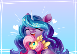 Size: 3000x2122 | Tagged: safe, artist:neonishe, fluttershy, izzy moonbow, pegasus, pony, unicorn, g4, g5, cute, daaaaaaaaaaaw, eyes closed, female, fluttershy plushie, happy, heart, high res, izzybetes, mare, open mouth, open smile, plushie, smiling, unshorn fetlocks