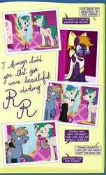 Size: 1920x3168 | Tagged: safe, artist:alexdti, oc, oc only, oc:brainstorm (alexdti), oc:purple creativity, oc:star logic, pegasus, pony, unicorn, comic:quest for friendship, bow, bowtie, clothes, comic, dialogue, dress, eye contact, female, glasses, glowing, glowing horn, hair bow, high res, hooves, horn, indoors, looking at each other, looking at someone, looking away, magic, male, mare, mirror, narrowed eyes, open mouth, open smile, pegasus oc, puffy cheeks, raised hoof, smiling, speech bubble, stallion, standing, tail, telekinesis, tongue out, tuxedo, two toned mane, two toned tail, underhoof, unicorn oc, wall of tags, wedding dress