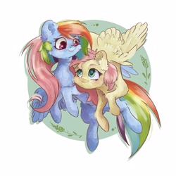Size: 4000x4000 | Tagged: safe, artist:colorbrush, fluttershy, rainbow dash, pegasus, pony, g4, abstract background, absurd resolution, cheek fluff, chest fluff, duo, ear fluff, female, flying, looking at each other, looking at someone, mare, smiling, spread wings, wings
