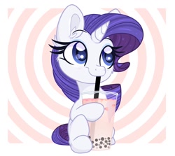Size: 1024x913 | Tagged: safe, artist:lbrcloud, part of a set, rarity, pony, unicorn, g4, abstract background, bubble tea, drink, drinking straw, smiling, solo, straw