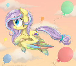 Size: 2300x2000 | Tagged: safe, artist:meotashie, oc, oc only, oc:stardust, pegasus, pony, balloon, cloud, colored wings, female, flying, high res, mare, multicolored wings, pegasus oc, rainbow power, rainbow power-ified, smiling, solo, wings