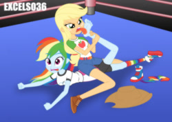 Size: 935x661 | Tagged: safe, artist:excelso36, applejack, rainbow dash, human, equestria girls, g4, barefoot, clothes, concerned, feet, female, fetish, foot fetish, foot worship, gym shorts, lesbian, licking, licking foot, rainbow socks, reference, shipping, shorts, simple background, socks, spongebob reference, spongebob squarepants, sports, sports shorts, striped socks, the fry cook games, tongue out, wrestling