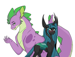 Size: 3365x2535 | Tagged: safe, artist:nightlight2005, queen chrysalis, spike, changeling, changeling queen, g4, adult, adult spike, blushing, crack shipping, female, flirting, high res, male, older, older spike, ship:chryspike, shipping, simple background, straight, white background