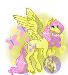 Size: 446x492 | Tagged: safe, artist:luna_mcboss, fluttershy, butterfly, pegasus, pony, g4, appaloosa, blanket pattern, butterfly wings, chest fluff, coat markings, ear fluff, feathered wings, female, fetlock tuft, hooves, long hair, long legs, long tail, pink mane, simple background, solo, spread wings, tail, wings, yellow background, yellow coat