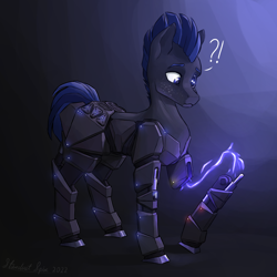 Size: 3800x3800 | Tagged: safe, artist:stardustspix, oc, oc only, oc:disthene, earth pony, pony, cybernetic eyes, cybernetic legs, electricity, freckles, high res, prosthetics, solo, sternocleidomastoid, surprised