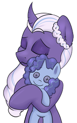 Size: 1999x3195 | Tagged: safe, artist:dumbwoofer, misty brightdawn, opaline arcana, alicorn, pony, unicorn, g5, spoiler:g5, spoiler:my little pony: make your mark, curved horn, ear fluff, eyebrows, eyes closed, female, happy, high res, holding a plushie, horn, hug, mare, nicealine, plushie, simple background, smiling, solo, three quarter view, transparent background