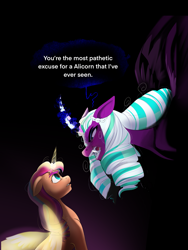 Size: 1655x2206 | Tagged: safe, artist:aztrial, opaline arcana, sunny starscout, alicorn, pony, g5, my little pony: a new generation, spoiler:g5, spoiler:my little pony: make your mark, artificial horn, artificial wings, augmented, dialogue, duo, duo female, female, horn, magic, magic horn, magic wings, mare, race swap, speech bubble, sunnycorn, wings