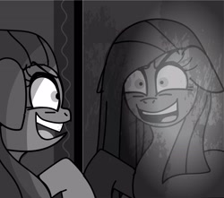 Size: 3330x2949 | Tagged: safe, artist:ponywarlord777, pinkie pie, earth pony, pony, g4, black and white, dr jekyll and mr hyde, evil, grayscale, high res, mirror, monochrome, pinkamena diane pie, reflection, solo