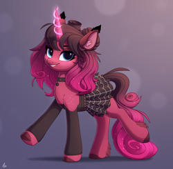 Size: 2000x1958 | Tagged: safe, artist:luminousdazzle, oc, oc only, oc:garnet midnight, pony, unicorn, blue eyes, choker, clothes, cute, ear fluff, female, glowing, glowing horn, horn, mare, ocbetes, raffle prize, simple background, skirt, smiling, solo, unicorn oc, unshorn fetlocks