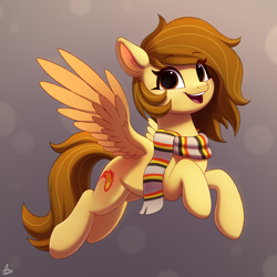 Size: 2000x2000 | Tagged: safe, artist:luminousdazzle, oc, oc only, oc:coma blitz, pegasus, pony, clothes, female, flying, looking at you, mare, pegasus oc, raffle prize, scarf, simple background, smiling, smiling at you, solo, striped scarf