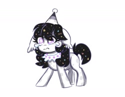 Size: 2020x1564 | Tagged: safe, artist:confetticakez, oc, oc only, oc:confetti cupcake, oc:pity party, bat pony, pony, crying, eye clipping through hair, floppy ears, hat, party hat, sad, simple background, solo, teary eyes, wavy mouth, white background