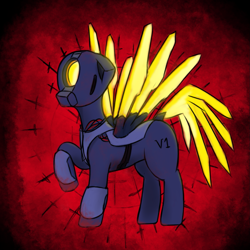 Size: 1323x1323 | Tagged: safe, artist:laykeen, derpibooru exclusive, pegasus, pony, robot, robot pony, amputee, armor, artificial wings, augmented, blood, cables, one eyed, prosthetic limb, prosthetic wing, prosthetics, solo, spread wings, ultrakill, ultrakill v1, v1 (ultrakill), wings