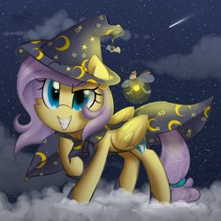 Size: 2300x2300 | Tagged: safe, artist:meotashie, oc, oc only, oc:stardust, pegasus, pony, cape, clothes, costume, female, grin, hat, high res, pegasus oc, shooting star, smiling, solo, witch hat