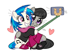 Size: 3158x2222 | Tagged: safe, artist:cheekycheesefan101, artist:idkhesoff, dj pon-3, octavia melody, vinyl scratch, earth pony, pony, unicorn, g4, base used, clothes, cute, duo, female, grin, heart, high res, hug, iphone, lesbian, mare, scarf, selfie, selfie stick, shared clothing, shared scarf, ship:scratchtavia, shipping, simple background, sitting, smiling, socks, sweater, tavibetes, transparent background, vinylbetes