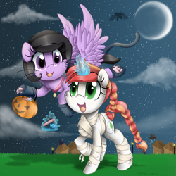 Size: 2300x2300 | Tagged: safe, artist:meotashie, oc, oc only, pegasus, pony, unicorn, clothes, costume, duo, female, high res, horn, night, paw pads, paw socks, pegasus oc, pumpkin bucket, unicorn oc