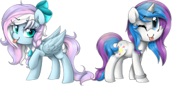 Size: 2154x1076 | Tagged: safe, artist:meotashie, oc, oc only, pegasus, pony, unicorn, duo, female, horn, one eye closed, pegasus oc, simple background, tongue out, transparent background, unicorn oc, wink