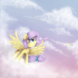Size: 2300x2300 | Tagged: safe, artist:meotashie, oc, oc only, oc:stardust, pegasus, pony, cloud, female, high res, pegasus oc, rainbow, shooting star, solo, spread wings, wings