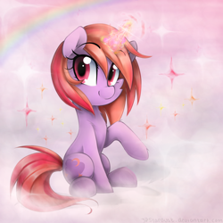 Size: 2300x2300 | Tagged: safe, artist:meotashie, oc, oc only, oc:dawnfire, pony, unicorn, eyebrows, eyebrows visible through hair, female, glowing, glowing horn, high res, horn, looking at you, magic, magic aura, mare, rainbow, raised hoof, sitting, smiling, smiling at you, solo, sparkles, unicorn oc
