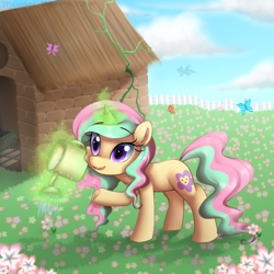 Size: 2000x2000 | Tagged: safe, artist:meotashie, oc, oc only, pony, unicorn, female, flower, glowing, glowing horn, high res, horn, solo, unicorn oc, watering can
