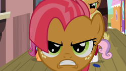 Size: 1920x1080 | Tagged: safe, screencap, applejack, babs seed, scootaloo, sweetie belle, earth pony, pegasus, pony, unicorn, g4, one bad apple, season 3, 1080p, angry, applejack is not amused, babs seed is not amused, close-up, female, filly, foal, freckles, glare, gritted teeth, looking at you, mare, narrowed eyes, offscreen character, solo focus, teeth, train station, unamused