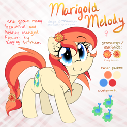 Size: 2000x2000 | Tagged: safe, artist:meotashie, oc, oc only, oc:marigold melody, earth pony, pony, earth pony oc, female, high res, reference sheet, solo