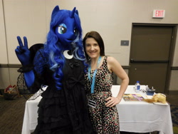 Size: 4608x3456 | Tagged: safe, artist:bramble bunny, princess luna, human, anthro, g4, animegao kigurumi, clothes, cosplay, costume, hand on hip, irl, irl human, kelly sheridan, pacific ponycon, pacific ponycon 2017, peace sign, photo, ponysuit, voice actor