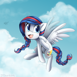 Size: 2000x2000 | Tagged: safe, artist:meotashie, oc, pegasus, pony, cloud, female, flying, high res, open mouth, pegasus oc, sky, solo