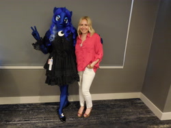 Size: 4608x3456 | Tagged: safe, artist:bramble bunny, princess luna, human, anthro, g4, andrea libman, babscon, babscon 2016, clothes, cosplay, costume, duo, irl, irl human, peace sign, photo, voice actor
