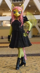 Size: 1357x2449 | Tagged: safe, artist:bramble bunny, fluttershy, bat pony, human, anthro, bronycon, bronycon 2018, g4, bat ponified, boots, cropped, fishnet stockings, flutterbat, high heel boots, irl, irl human, photo, race swap, shoes