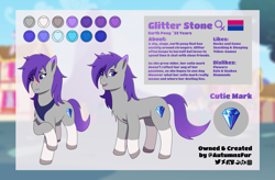Size: 2691x1769 | Tagged: safe, artist:autumnsfur, oc, oc only, oc:glitter stone, earth pony, pony, g4, bisexual pride flag, blue eyes, blurry background, blushing, chest fluff, clothes, cutie mark, diamond, earth pony oc, female, gray coat, grey fur, hair over one eye, hooves, logo, long tail, looking away, mare, ponyville, pride, pride flag, purple hair, reference sheet, scarf, shy, signature, smiling, smirk, solo, tail, text