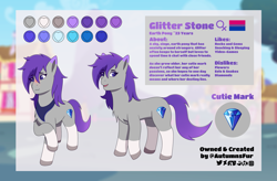 Size: 2691x1769 | Tagged: safe, artist:autumnsfur, oc, oc only, oc:glitter stone, earth pony, pony, g4, bisexual pride flag, blue eyes, blurry background, blushing, chest fluff, clothes, cutie mark, diamond, earth pony oc, female, gray coat, grey fur, hair over one eye, hooves, logo, long tail, looking away, mare, ponysona, ponyville, pride, pride flag, purple hair, reference sheet, scarf, shy, signature, smiling, smirk, solo, tail, text