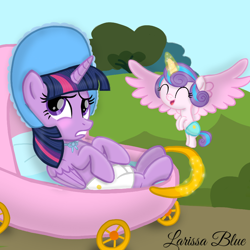 Size: 900x900 | Tagged: safe, artist:mlplary6, princess flurry heart, twilight sparkle, alicorn, pony, g4, aunt, aunt and niece, auntie twilight, baby, baby carriage, blushing, diaper, eyes closed, female, filly, foal, mare, role reversal, smiling, twilight sparkle (alicorn)