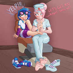 Size: 1325x1329 | Tagged: safe, artist:caroo, dj pon-3, nurse redheart, vinyl scratch, human, g4, barefoot, blushing, chair, clothes, cute, fanfic art, feet, female, fetish, foot fetish, foot focus, grin, hat, humanized, leggings, massage, massage table, nurse hat, nurse outfit, open mouth, pants, pinpoint eyes, shirt, shoes, skirt, smiling, sneakers, socks, soles, t-shirt, tickle torture, tickling, toes, vinyl's glasses