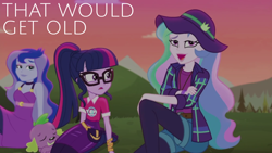 Size: 1920x1080 | Tagged: safe, edit, edited screencap, editor:quoterific, screencap, princess celestia, princess luna, principal celestia, sci-twi, spike, spike the regular dog, twilight sparkle, vice principal luna, dog, human, equestria girls, g4, my little pony equestria girls: better together, the road less scheduled, lidded eyes, sleeping