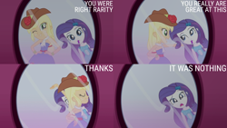 Size: 4400x2475 | Tagged: safe, edit, edited screencap, editor:quoterific, screencap, applejack, rarity, human, equestria girls, g4, make up shake up, my little pony equestria girls: summertime shorts, bare shoulders, cowboy hat, duo, duo female, eyes closed, fall formal outfits, female, hand on hip, hat, mirror, one eye closed, open mouth, open smile, sleeveless, smiling, strapless, wink