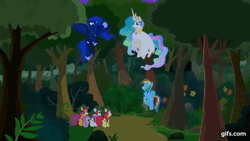 Size: 640x360 | Tagged: safe, screencap, apple bloom, princess celestia, princess luna, rainbow dash, scootaloo, sweetie belle, alicorn, earth pony, pegasus, pony, unicorn, between dark and dawn, g4, season 9, animated, butt, campfire, cutie mark crusaders, female, filly, filly guides, foal, gif, gifs.com, group, mare, plot, tent