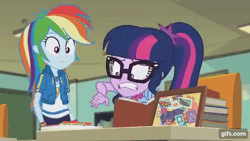Size: 640x360 | Tagged: safe, screencap, rainbow dash, sci-twi, twilight sparkle, human, equestria girls, g4, my little pony equestria girls: better together, the last day of school, animated, book, female, geode of super speed, geode of telekinesis, gif, gifs.com, magical geodes