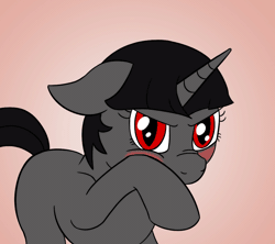 Size: 1000x886 | Tagged: safe, artist:librarylonging, oc, oc:ada, pony, unicorn, animated, blushing, d'lirium, eye shimmer, floppy ears, implied anon, looking at you, nose wrinkle, scrunchy face, solo