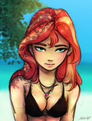 Size: 1554x2050 | Tagged: safe, artist:buttersprinkle, sunset shimmer, human, equestria girls, g4, bare shoulders, beach, bikini, breasts, cleavage, clothes, jewelry, looking at you, necklace, reasonably sized breasts, sleeveless, swimsuit