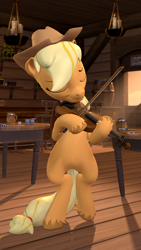 Size: 2160x3840 | Tagged: safe, artist:owlpirate, applejack, earth pony, pony, g4, 3d, 4k, bipedal, bow (instrument), dexterous hooves, eyes closed, female, fiddle, high res, mare, smiling, solo, source filmmaker, unshorn fetlocks