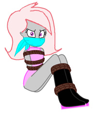 Size: 710x775 | Tagged: safe, artist:bluesplendont, oc, oc only, oc:violet, human, equestria girls, g4, angry, bondage, boots, bound and gagged, cloth gag, clothes, equestria girls-ified, female, gag, glare, high heel boots, looking at you, shirt, shoes, simple background, skirt, solo, tied up, white background
