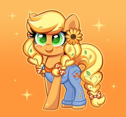 Size: 2164x2016 | Tagged: safe, artist:confetticakez, applejack, earth pony, pony, g4, alternate hairstyle, bow, braid, clothes, cute, female, flower, hair bow, high res, jackabetes, mare, overalls, smiling, solo, sparkles, sunflower, tail, tail bow
