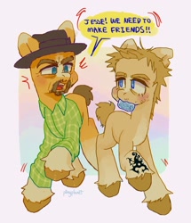Size: 1762x2048 | Tagged: safe, artist:p0nyplanet, earth pony, pony, breaking bad, dialogue, drugs, duo, jesse pinkman, meth, mouth hold, parody, ponified, walter white