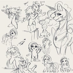 Size: 4000x4000 | Tagged: safe, artist:miokomata, fluttershy, princess celestia, rainbow dash, alicorn, pegasus, pony, absurd resolution, bipedal, carrying, chibi, cute, female, grayscale, heart, mare, monochrome, open mouth, open smile, shyabetes, simple background, sitting, sketch, sketch dump, smiling, upsies, white background, yeet